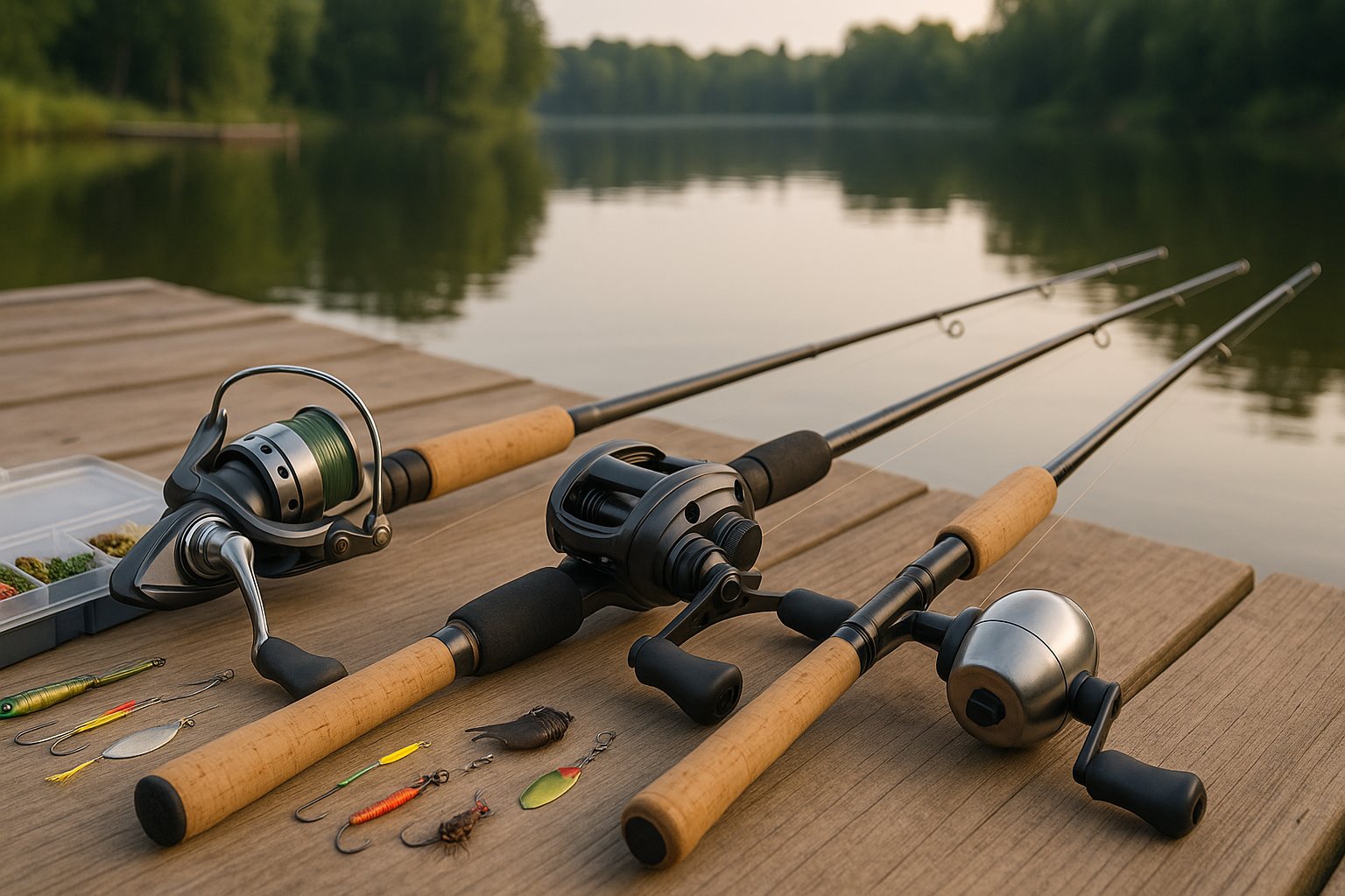 Three freshwater fishing reel types displayed beside a calm lake.