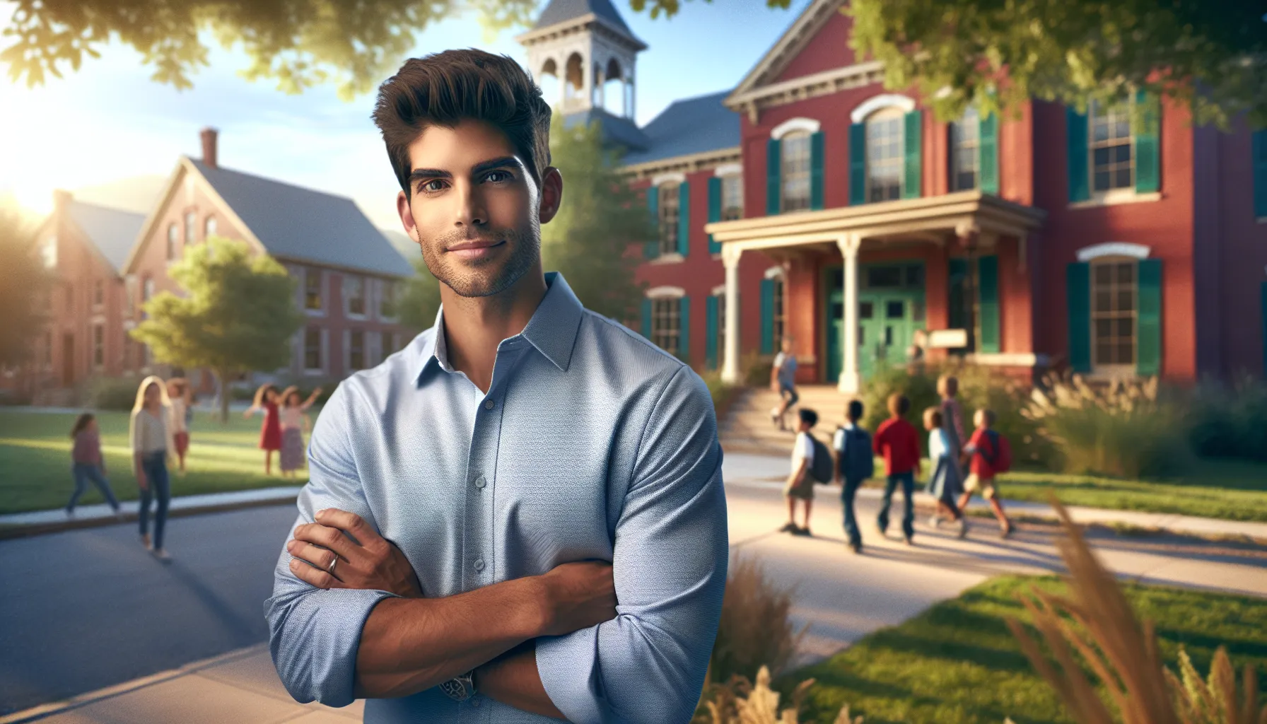 Young man in front of a school, representing ambition and determination.