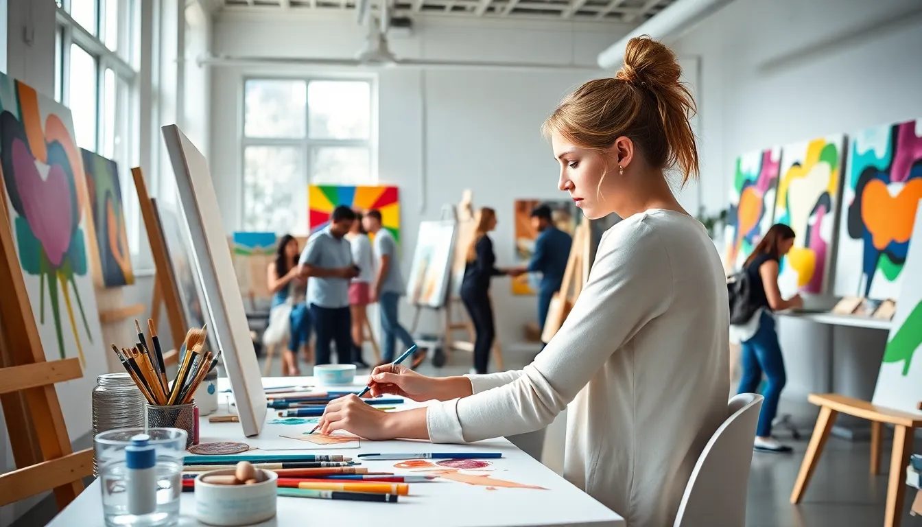 young artist in a bright art studio, working on a colorful canvas.