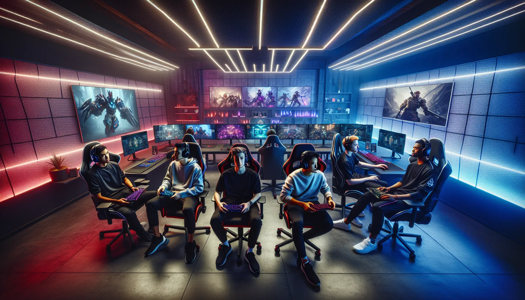 diverse gamers collaborating in a modern esports lounge.