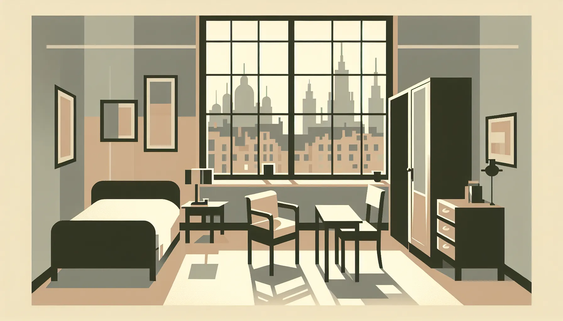 Simple apartment room interior with basic furniture and city window view