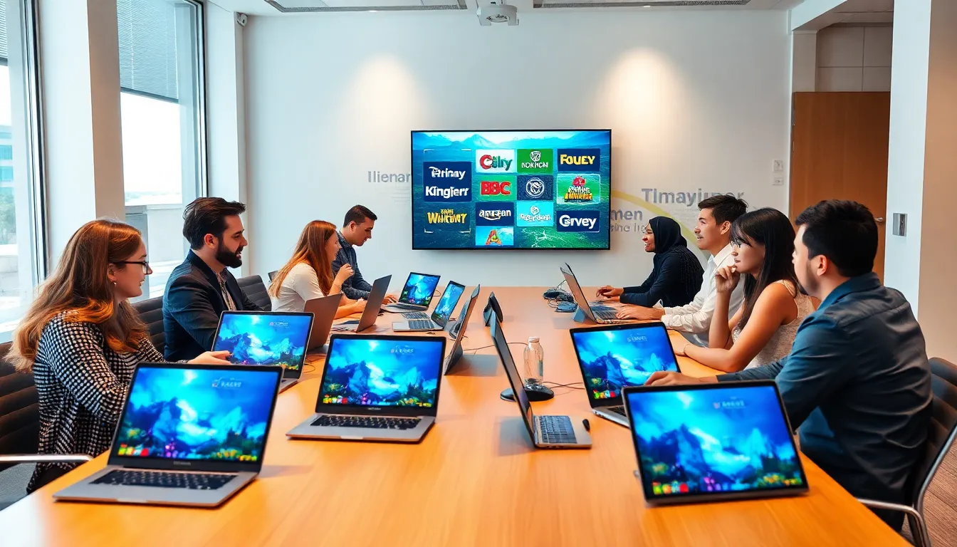 diverse team discussing game development in a modern office.