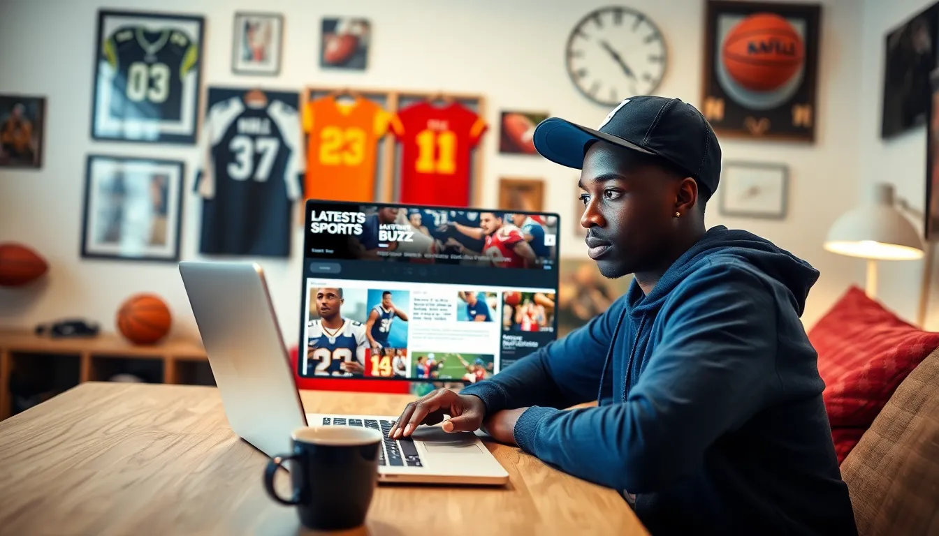 A young man checking the Latest Sports Buzz website on a laptop.