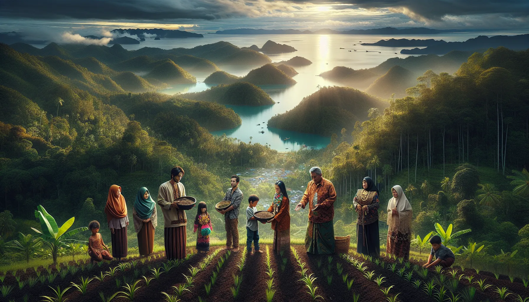 diverse community members in traditional attire planting seeds in a lush landscape.