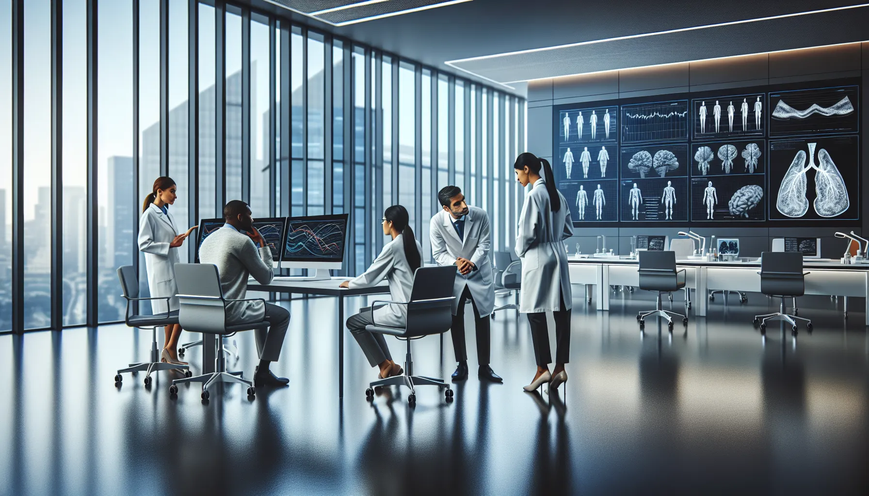medical professionals discussing terminology roots in a modern office.