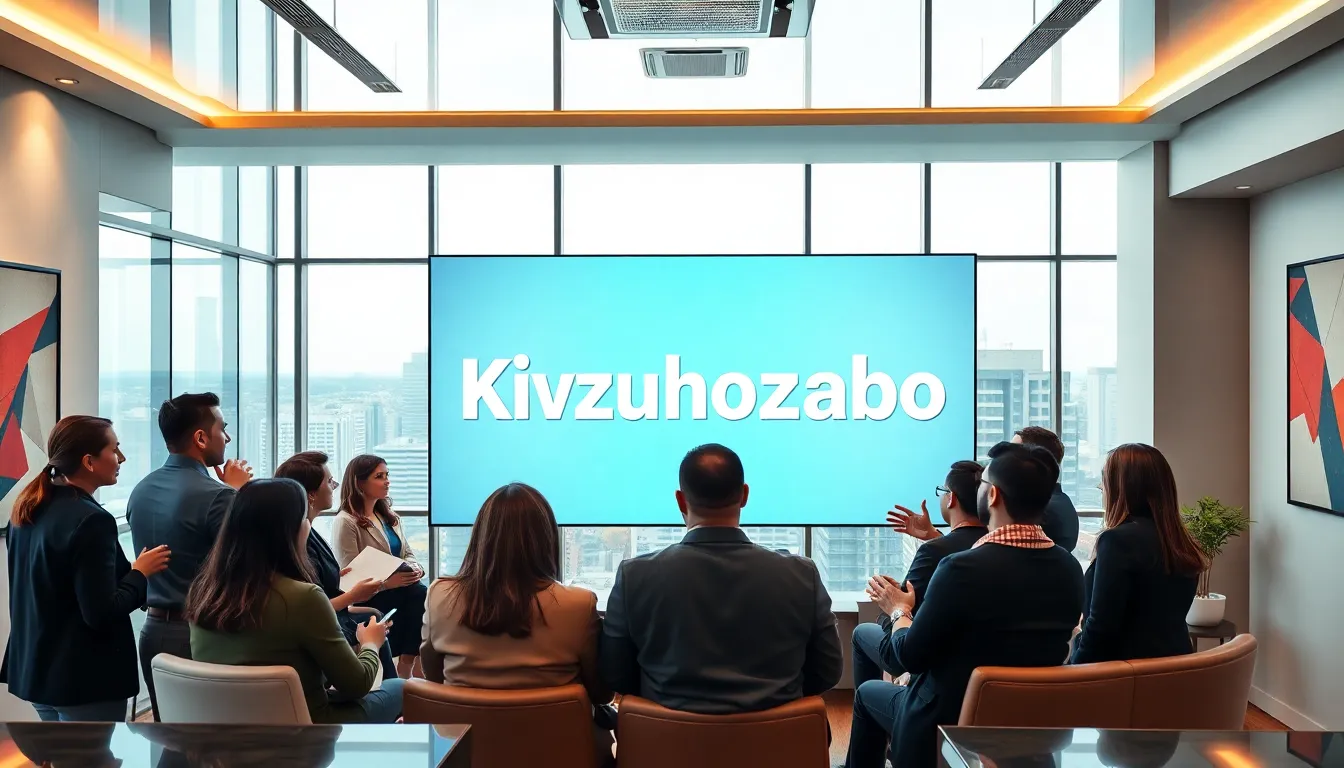 diverse professionals discussing 'Kivzuhozyabo' in a modern conference room.