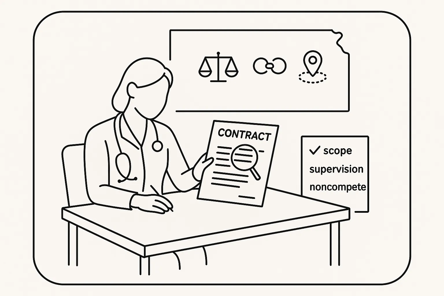 Nurse practitioner at desk reviewing a contract beside Kansas outline and legal icons of Kansas Nurse Practitioner Contract Review.