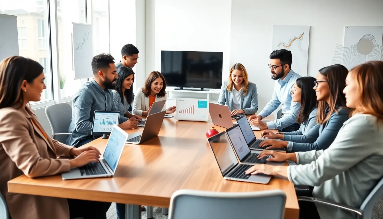diverse marketing team discussing martech strategies in a modern office.
