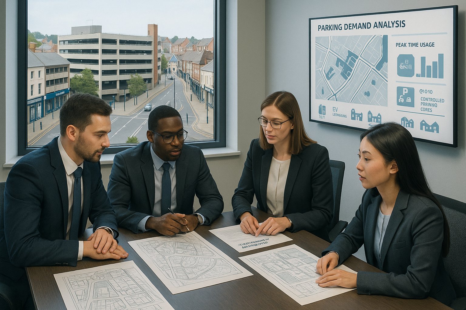 Consultants reviewing parking plans for a UK development project.