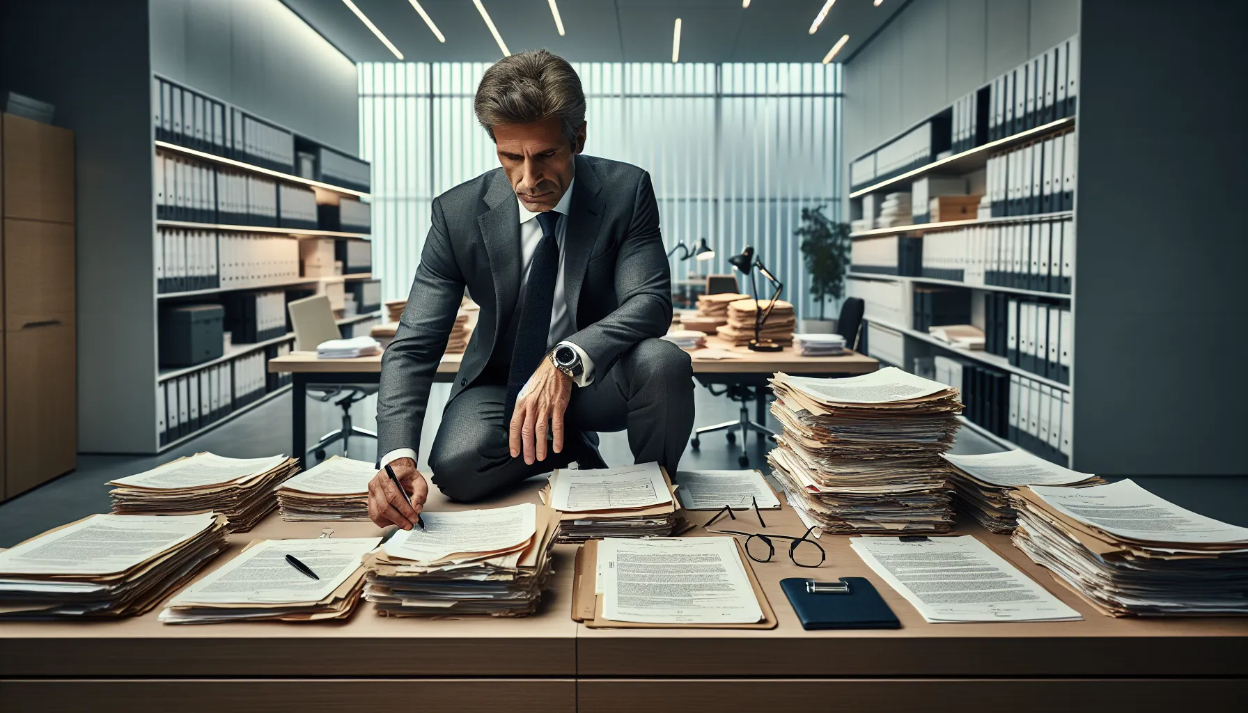 Person organizing medical documents at desk in professional office setting