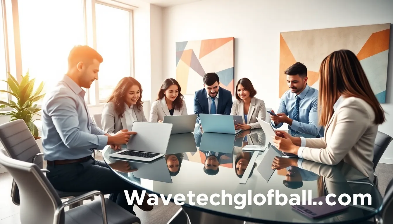 diverse team collaborating on tech solutions in a modern office.