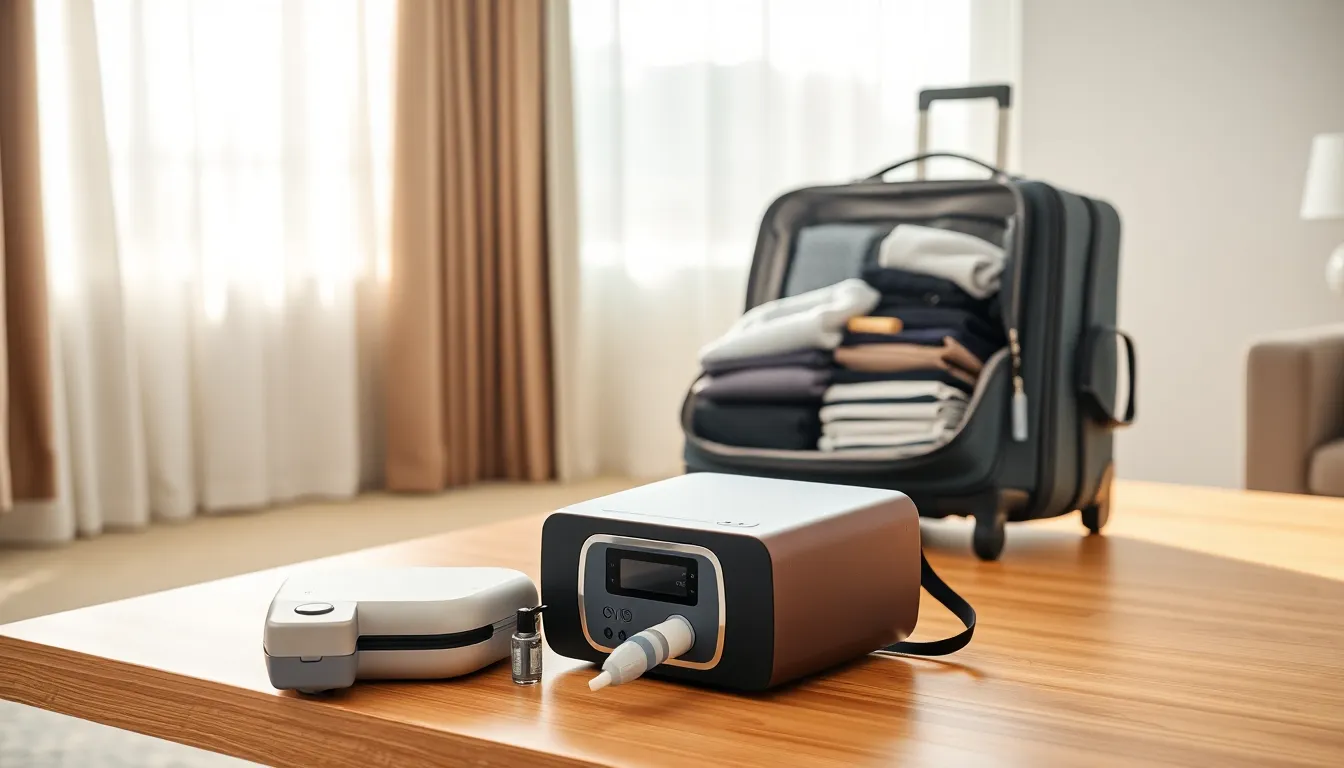 portable CPAP machine on a table in a bright hotel room.
