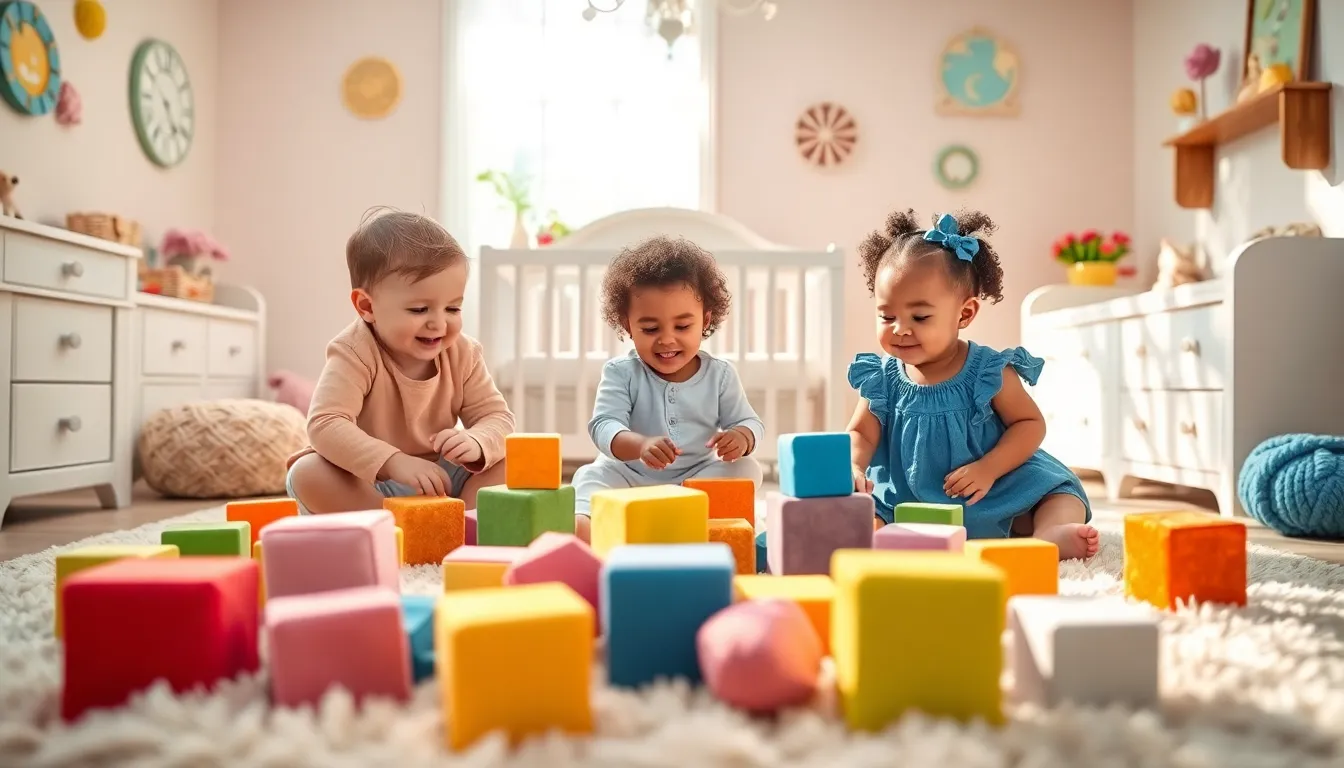 infants playing with colorful soft blocks in a cozy nursery.