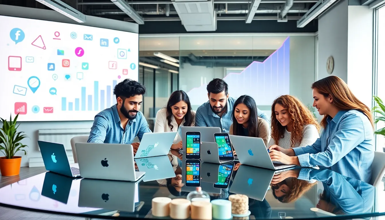 diverse team collaborating on mobile app development in a modern office.