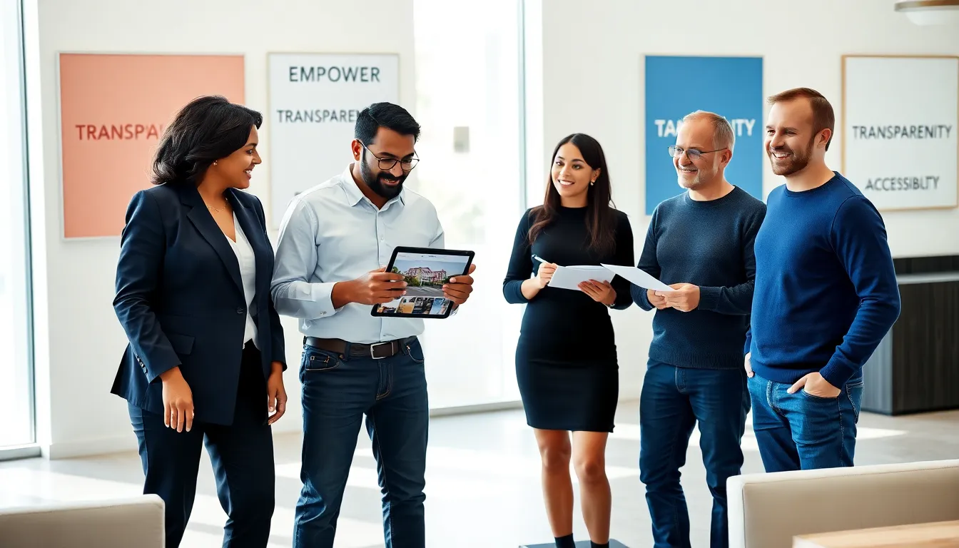 A diverse team of real estate professionals collaborating in a modern office.