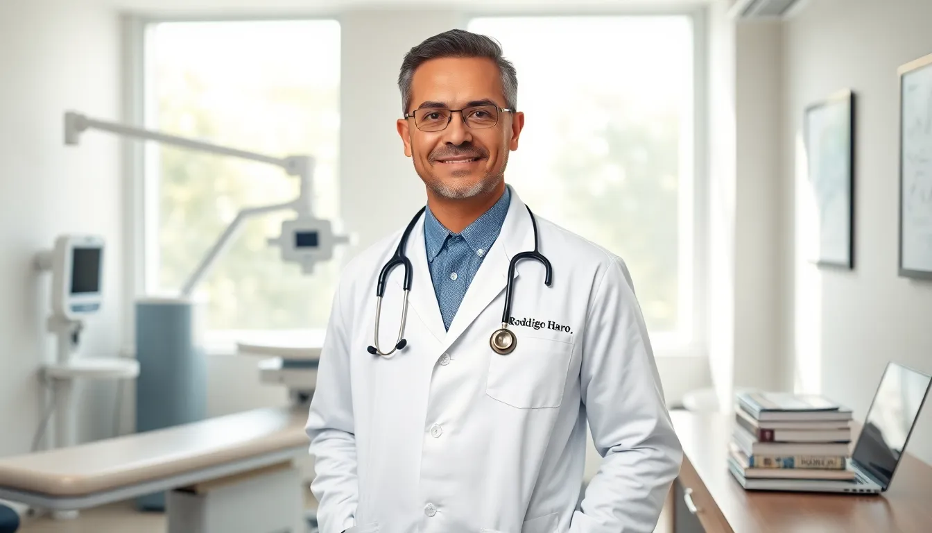 Dr. Rodrigo Haro in a modern medical office, portraying professionalism and expertise.