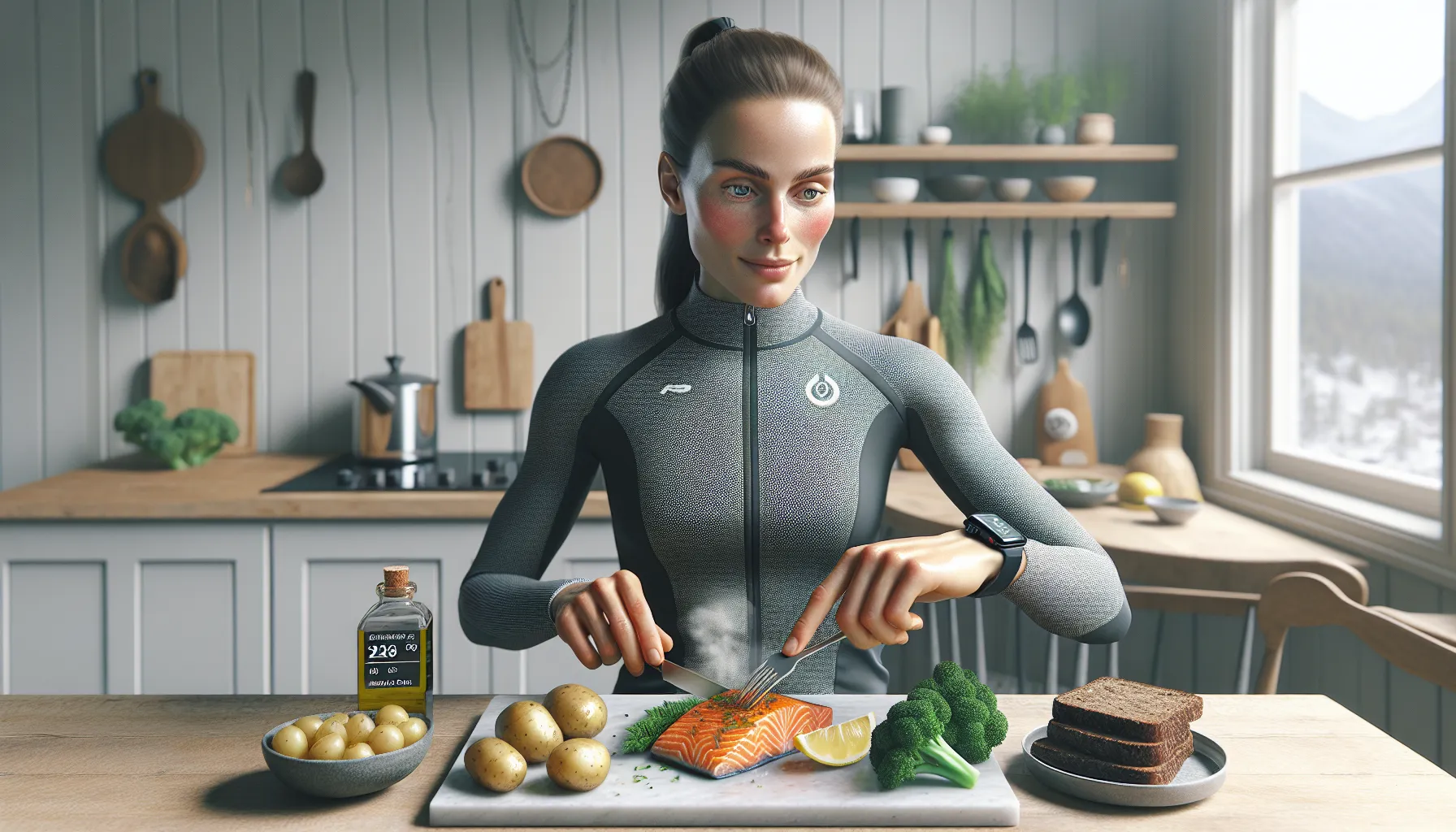 Hvordan kombinere kosthold og trening for optimal restitusjon 3 Norwegian athlete plating salmon, whole grains, and sides after a workout.