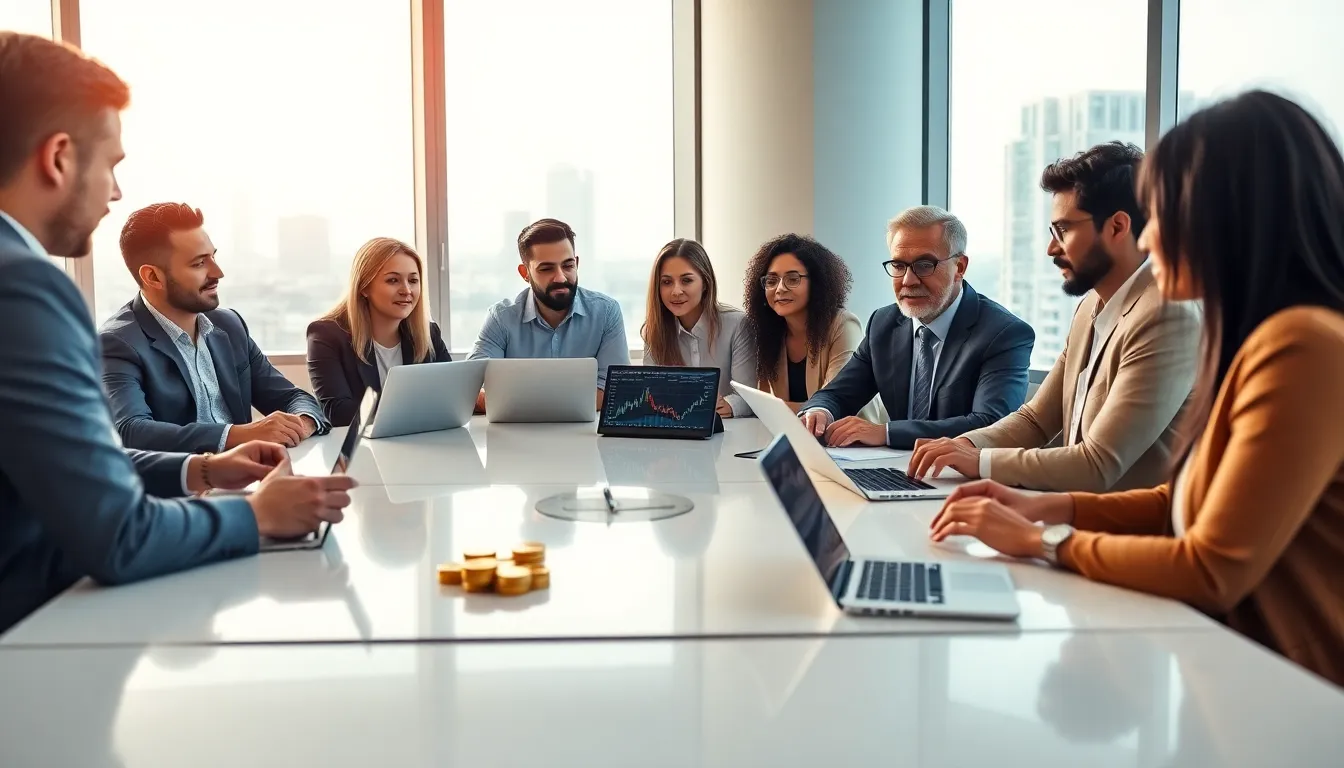 professionals collaborating on cryptocurrency strategies in a modern office.
