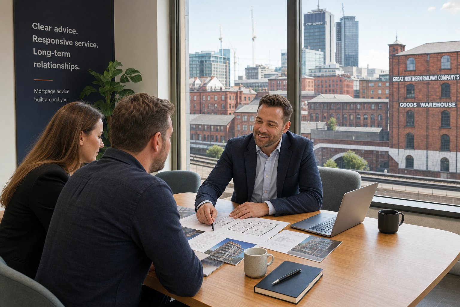 Professional commercial mortgage adviser meeting business clients in a modern Manchester office, reviewing property documents in natural light.