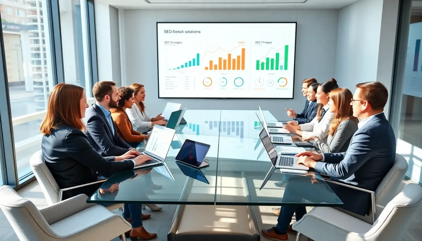 professionals discussing SEO strategies in a modern office.