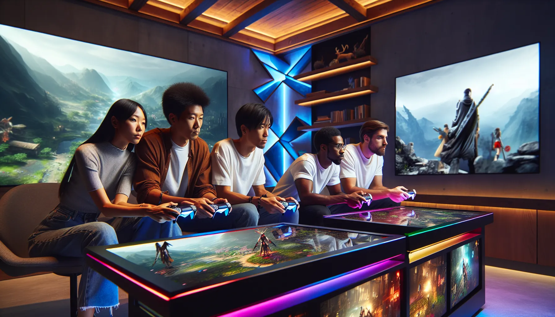 diverse group of gamers engaged in World of Warcraft on PS5.