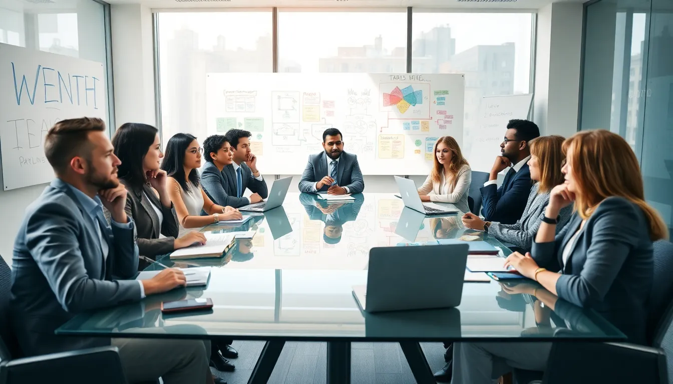 diverse team brainstorming in a modern office setting.