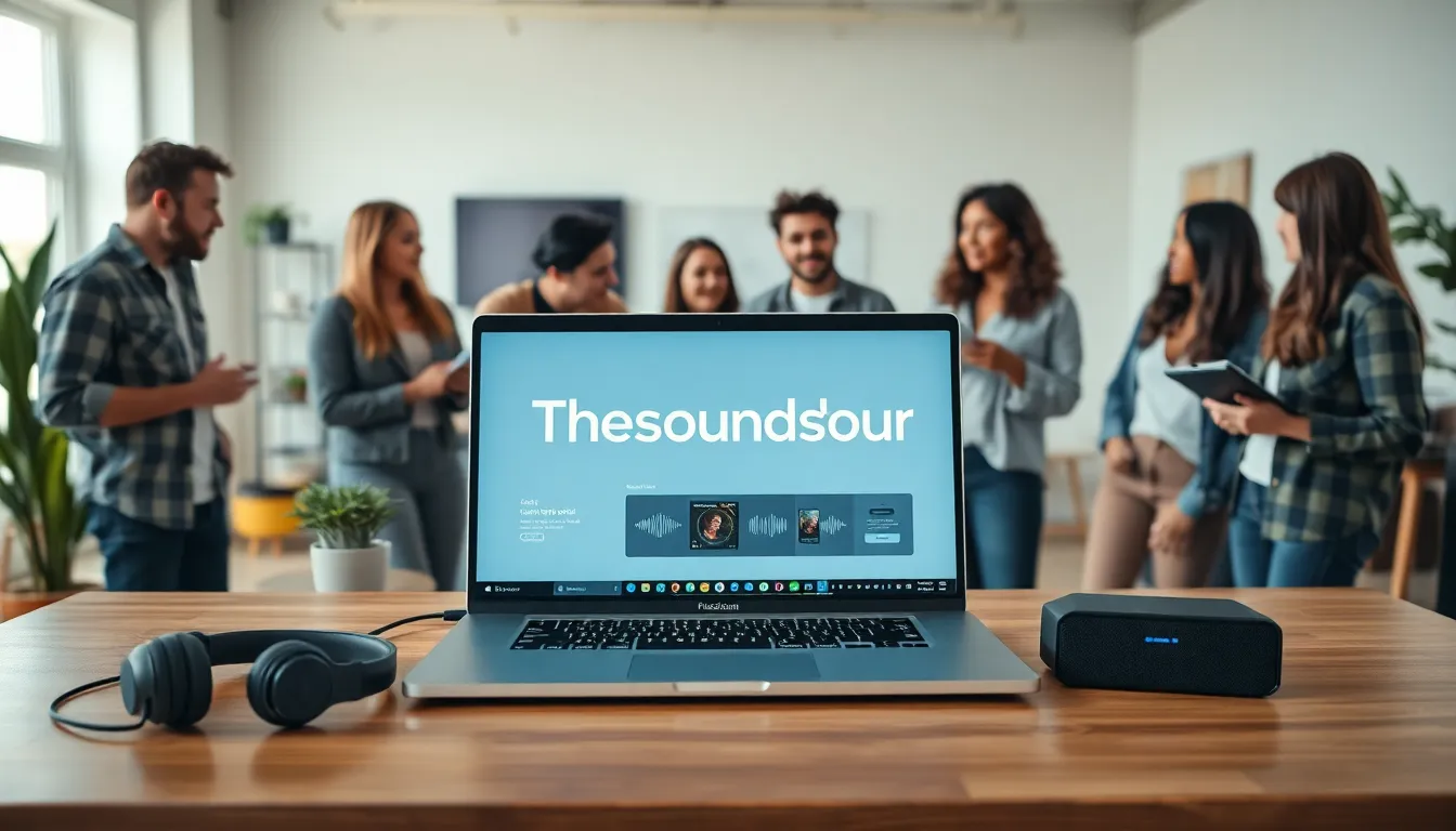 diverse group discussing audio experiences around a laptop in a modern space.