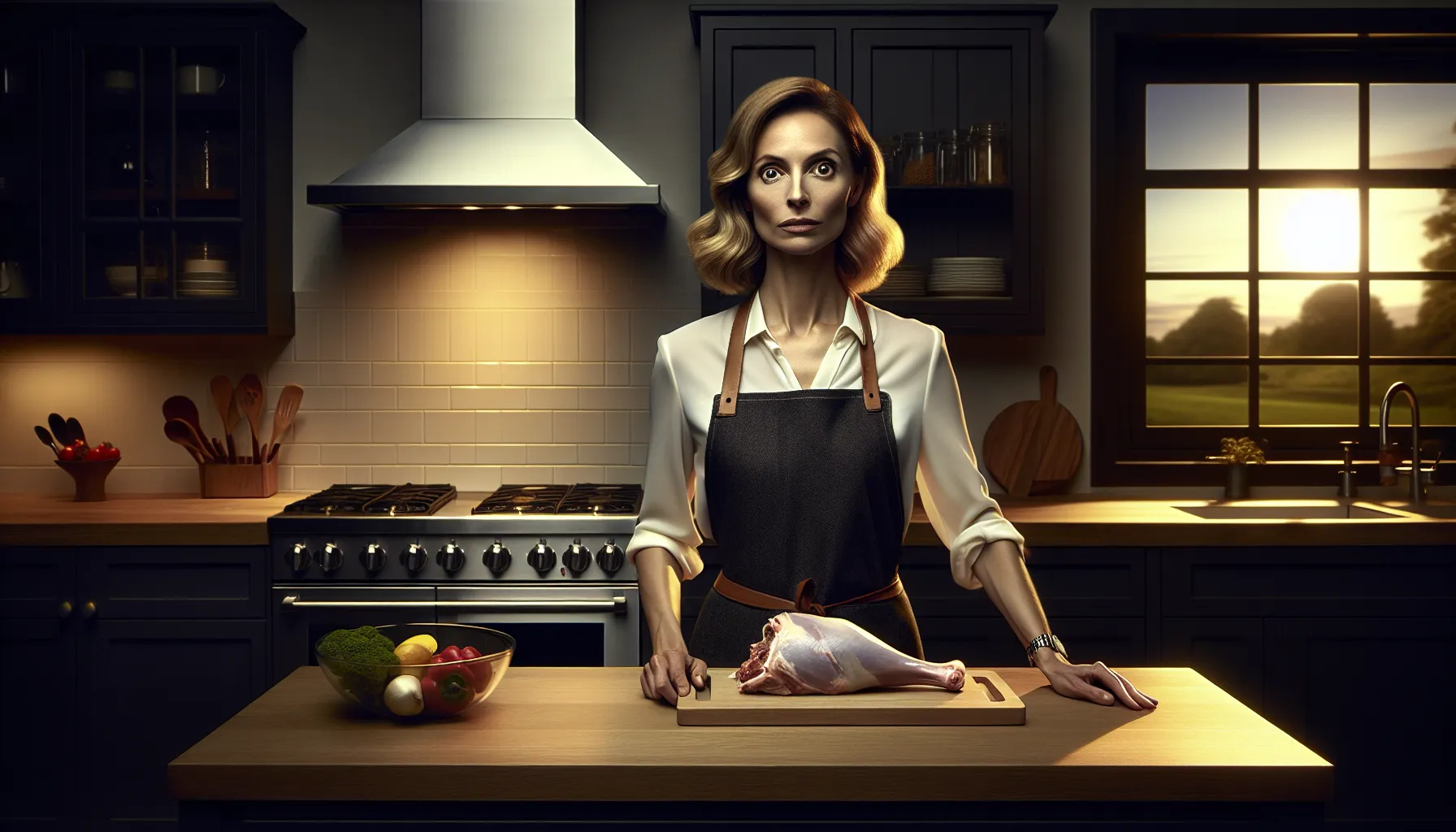 woman holding a leg of lamb in a modern kitchen setting.