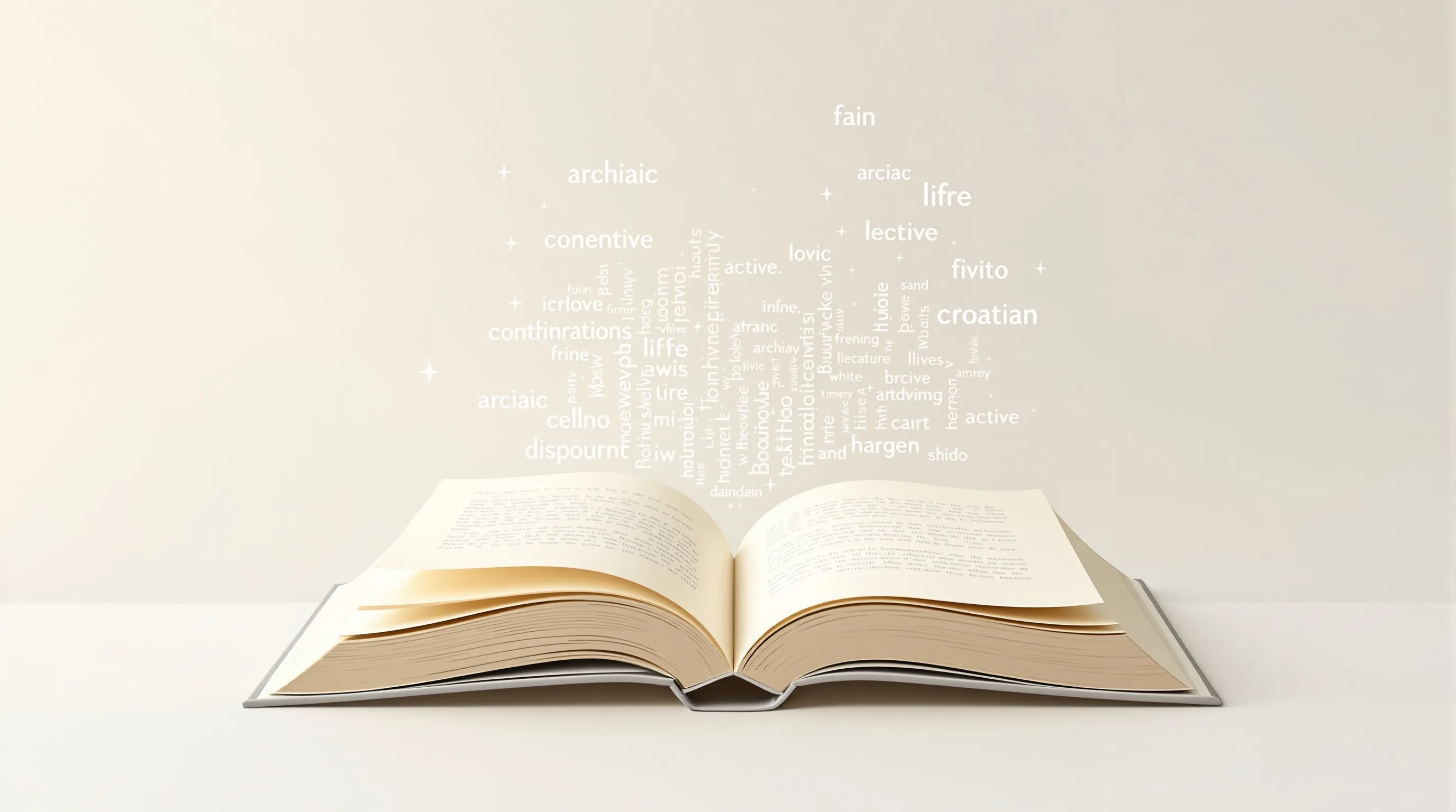 An open book with fading words on the left and bold letters on the right.