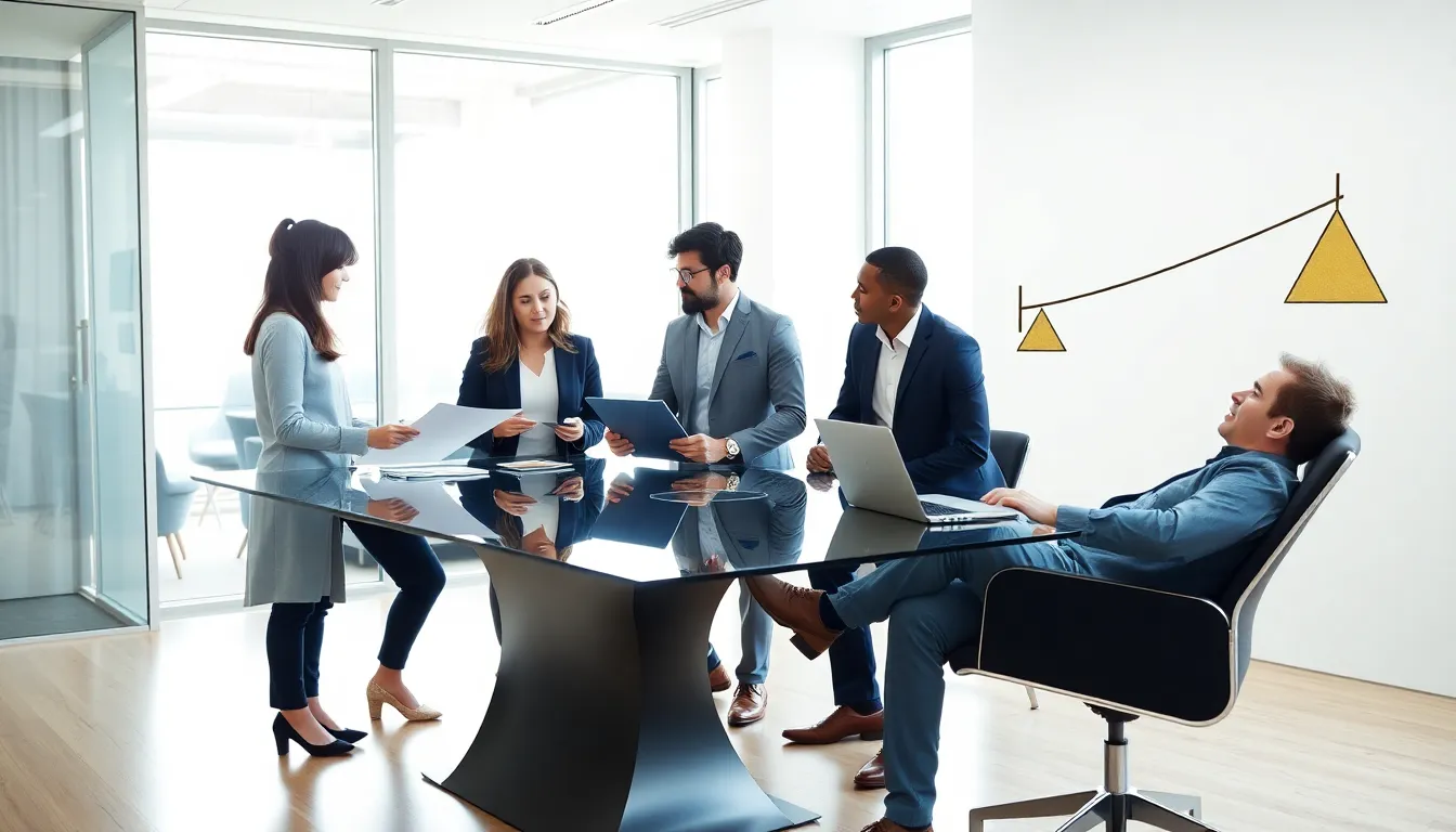 professionals discussing work-life integration in a modern office.