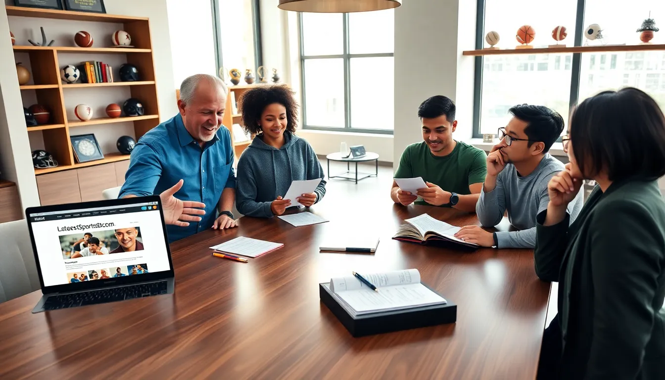 four sports journalists discussing content at a modern conference table.