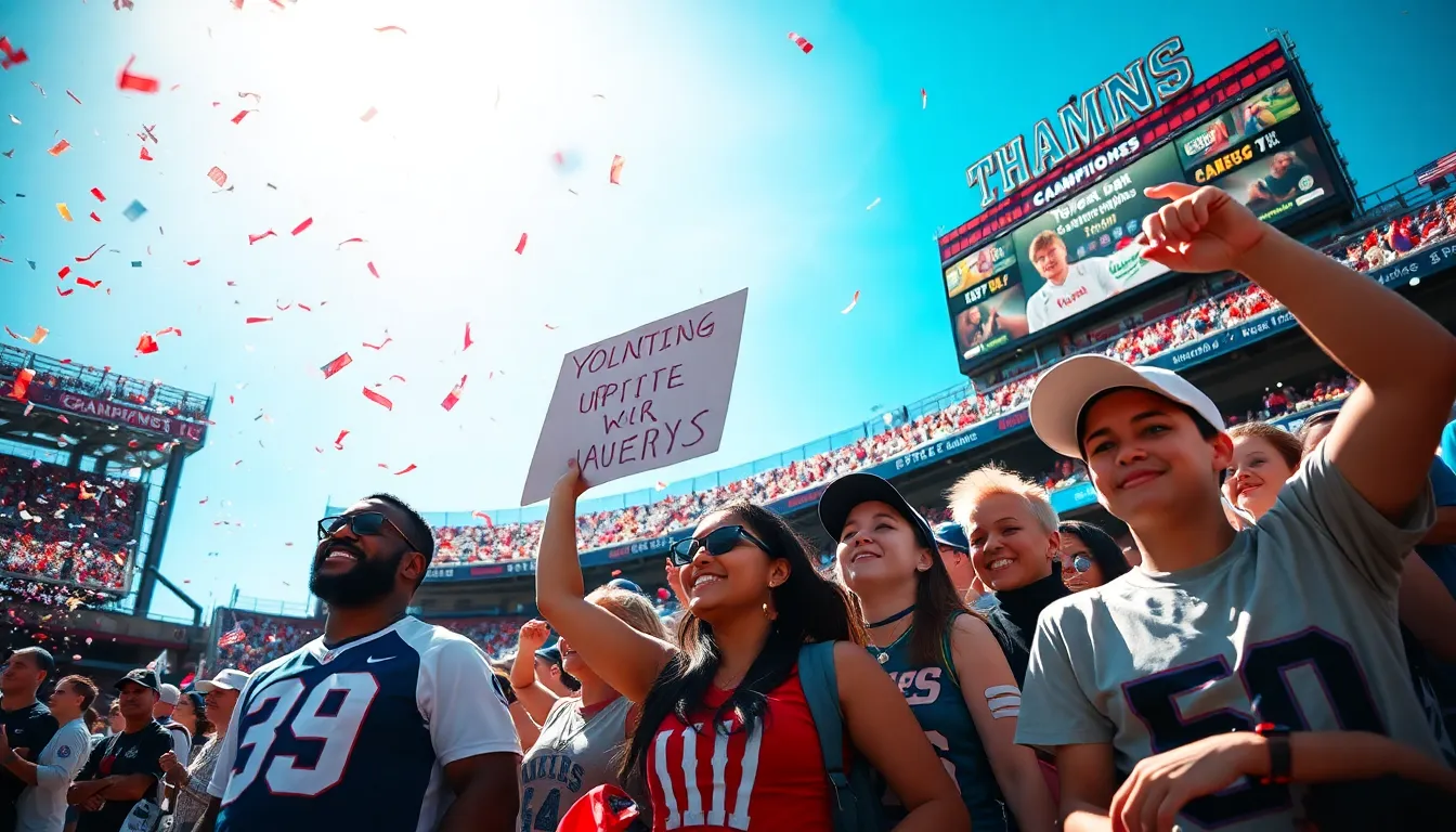Fans celebrating an unexpected victory in a lively sports arena.