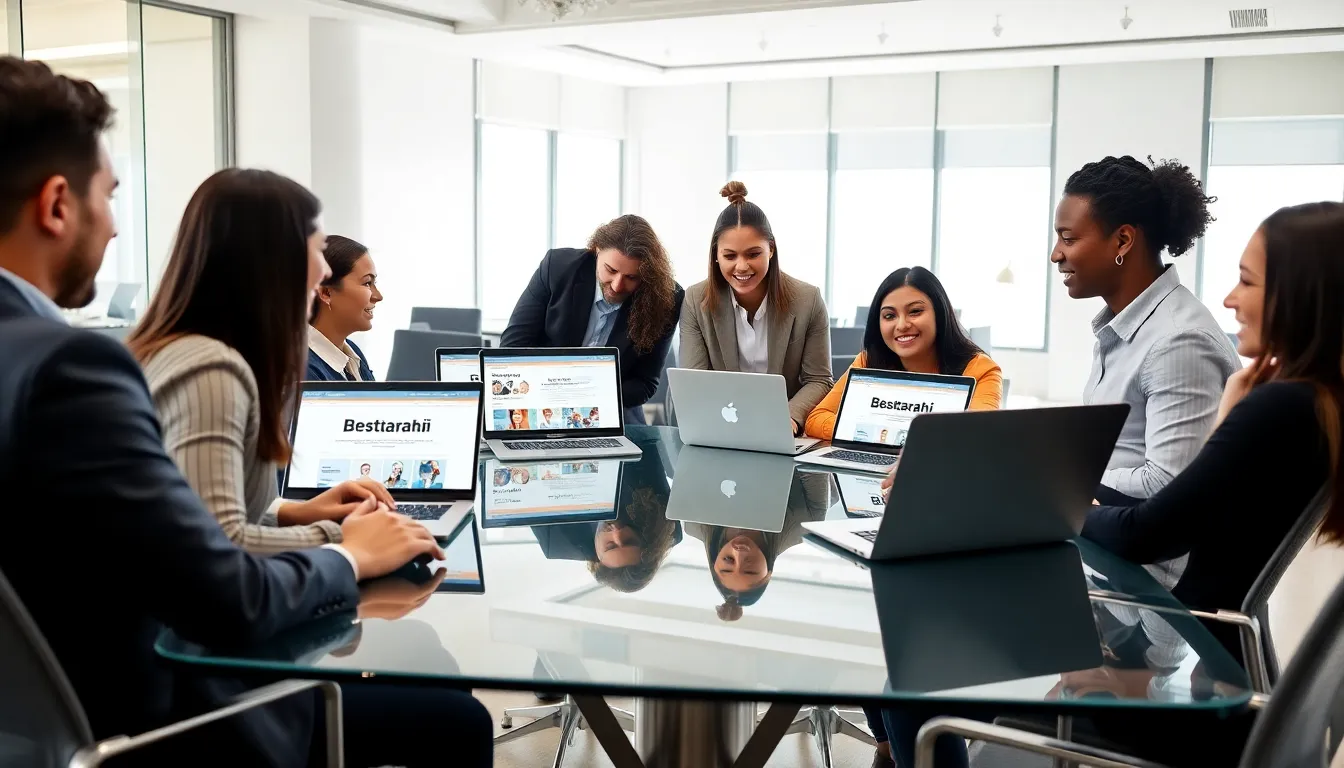 professionals discussing digital solutions in a modern office.