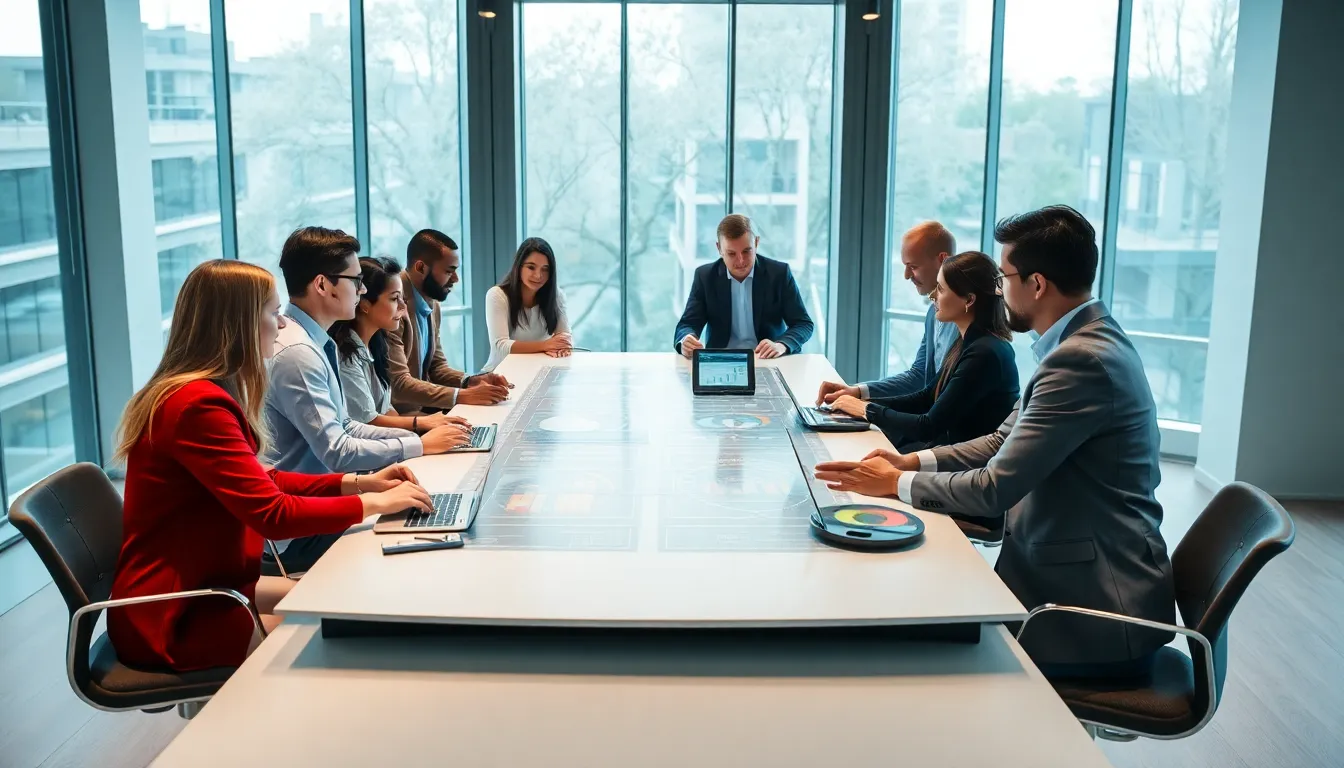 professionals collaborating on advanced technology concepts in a modern office.