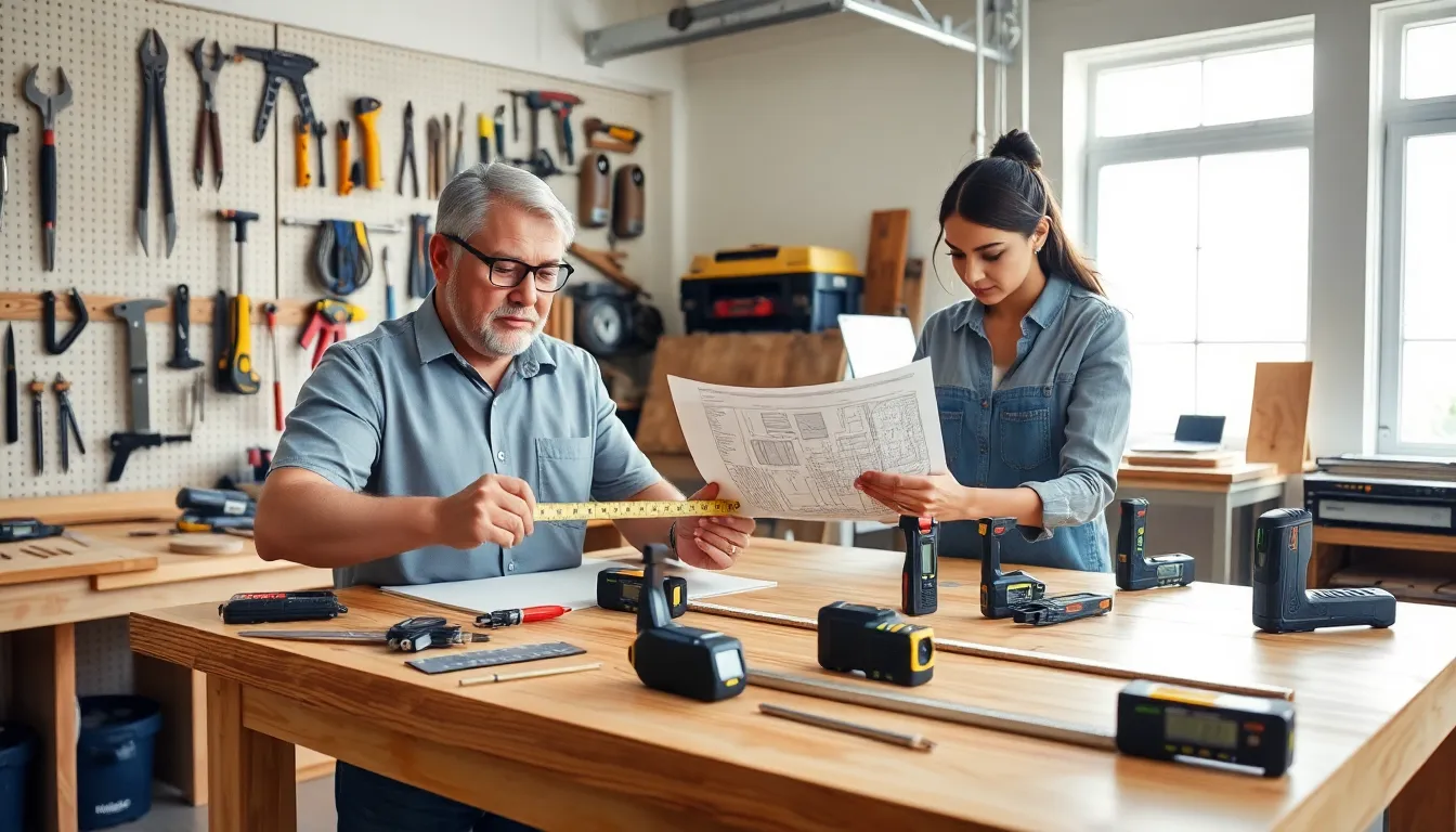 diverse professionals using measuring tools in a modern workshop.