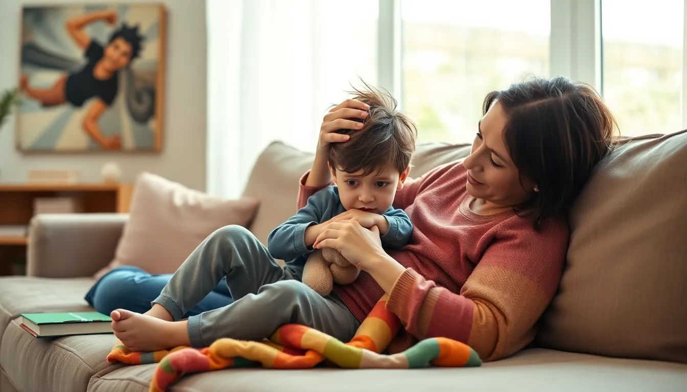 parent comforting a sick child at home.