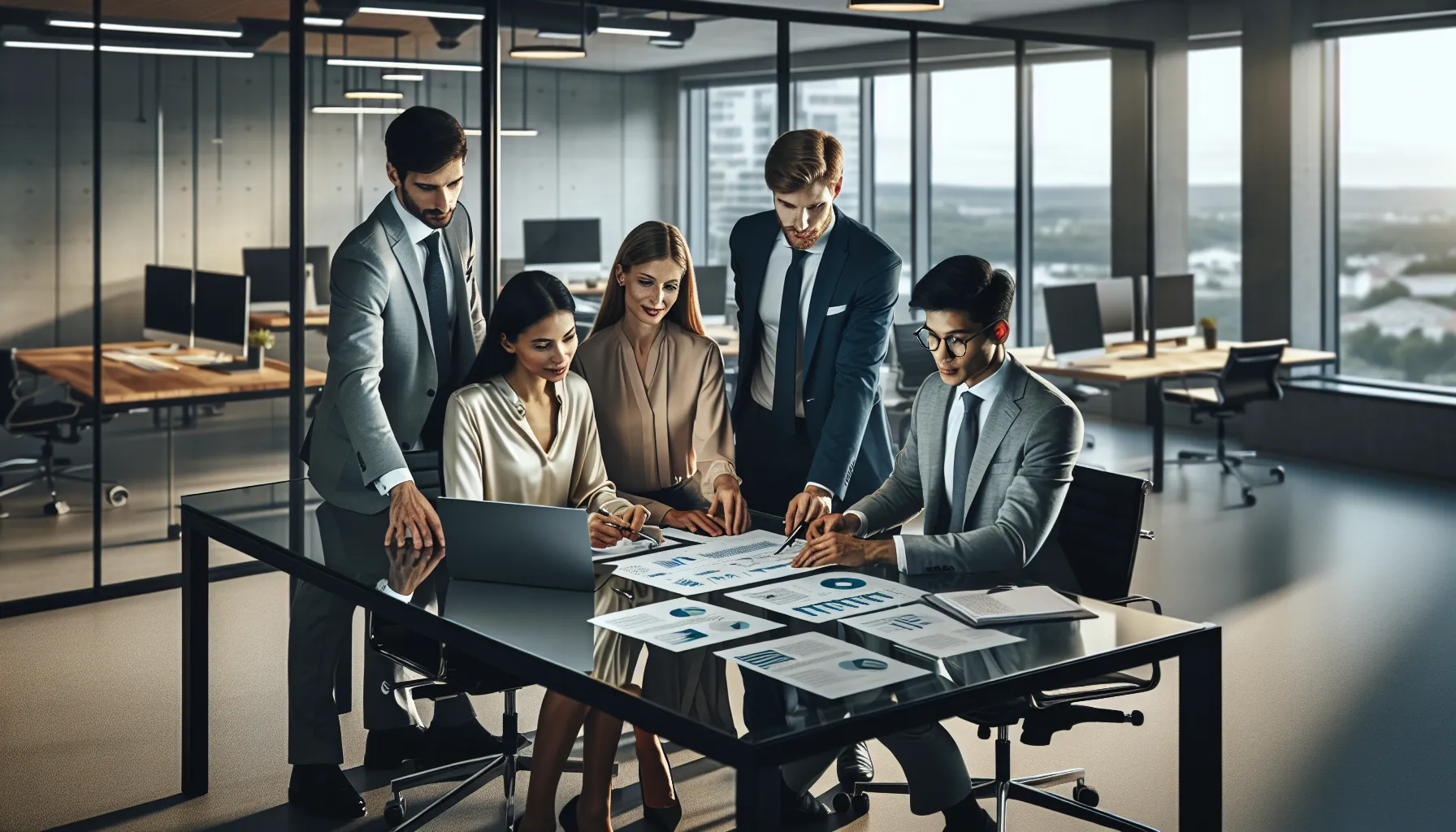 diverse team discussing consolidated reports in a modern office.