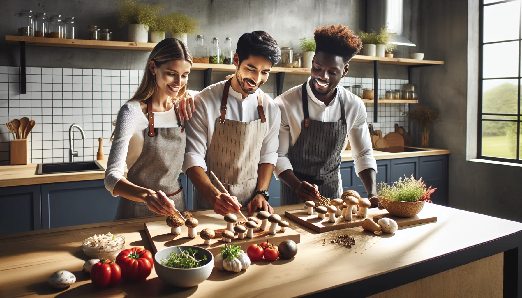 chefs preparing dishes with bryggstrut mushrooms in a modern kitchen.