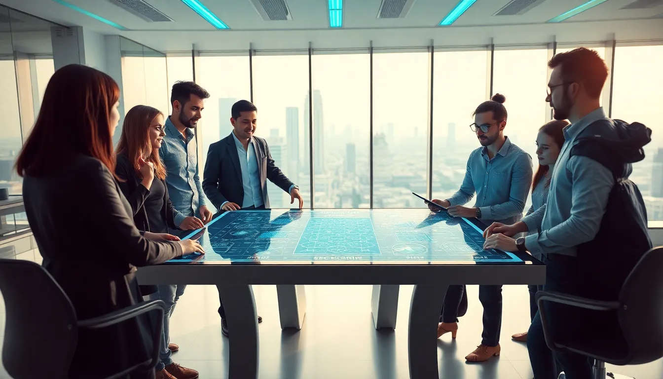 professionals discussing blockchain technology in a modern, digital workspace.