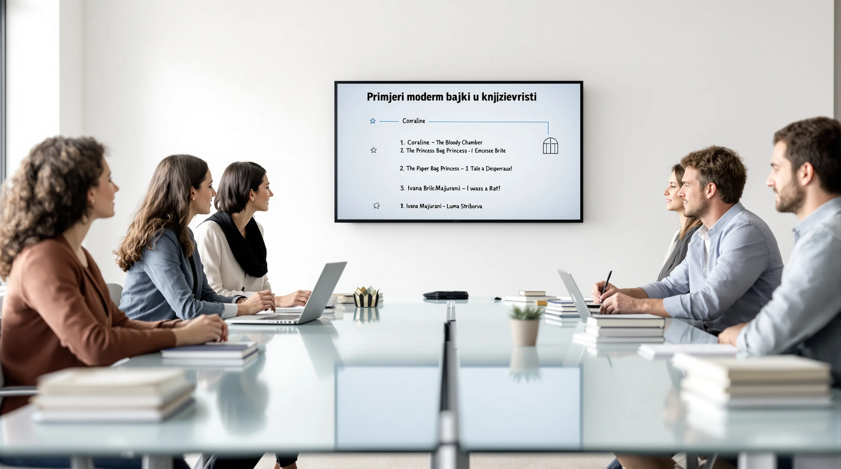 Croatian educators discuss modern fairy tales in a sleek, well-lit classroom.