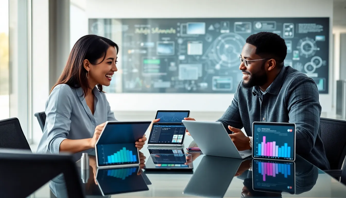 diverse team collaborating on technological innovation in a modern office.