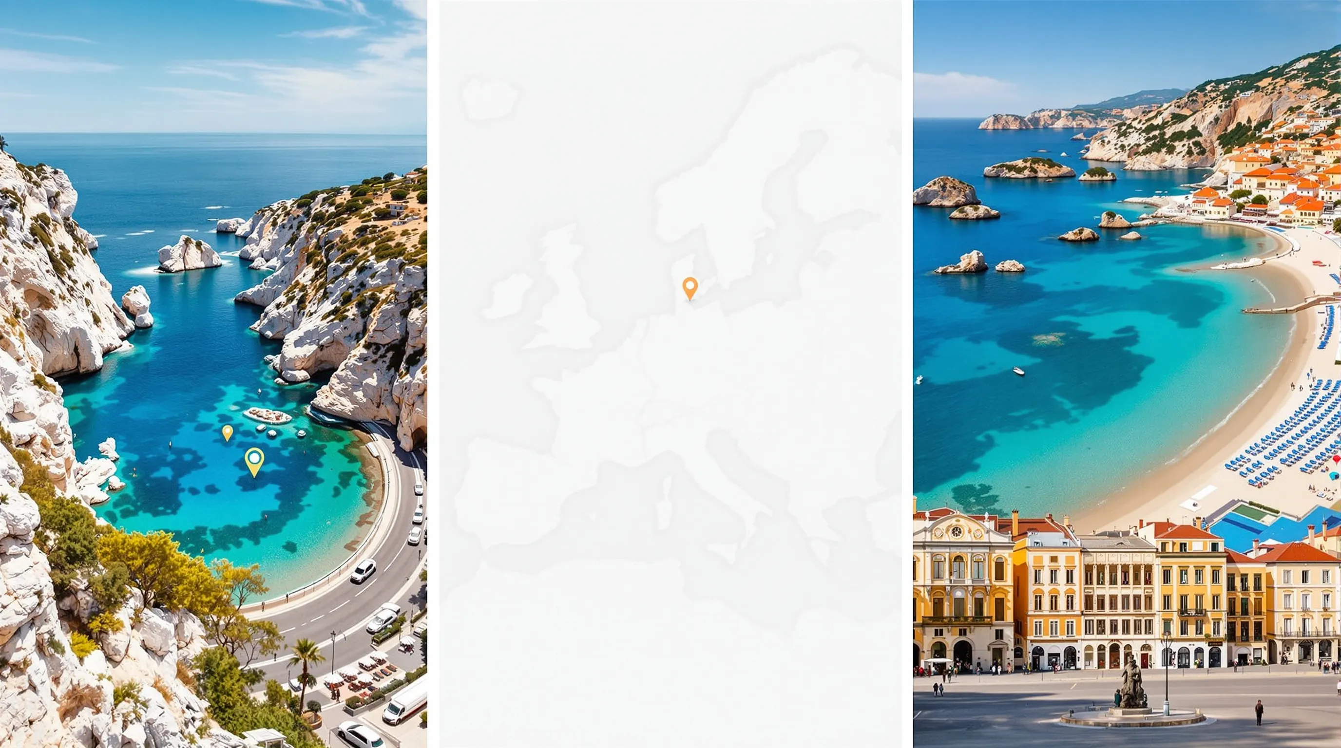 Minimalist collage mapping Europe 2025 alternatives: Albanian Riviera, Puglia Ionian, Wroclaw.