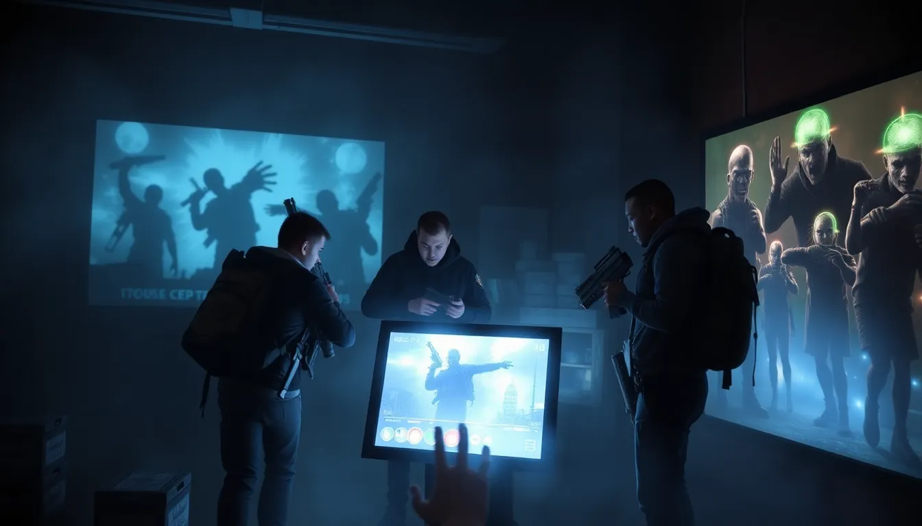 diverse gamers strategizing in a zombie survival game setting.