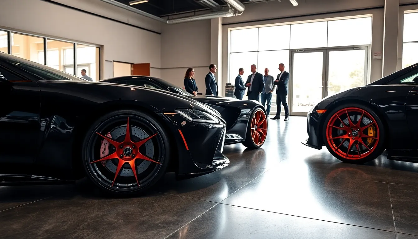 Luxury cars with striking Diablo rims in a modern showroom.