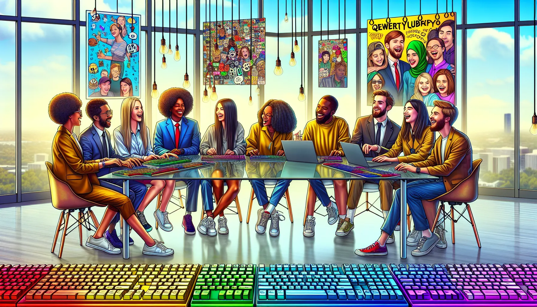 diverse team discussing memes in a colorful workspace.