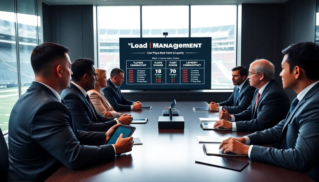 diverse team strategizing player management in a modern conference room.