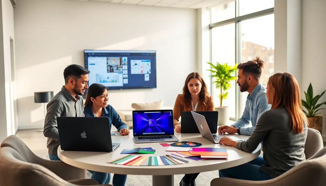 diverse team collaborating on interior design ideas in a modern workspace.