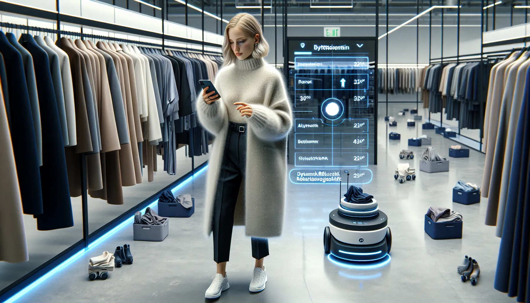 Norwegian merchandiser reviews data in an automated fashion warehouse using mobile size guide.