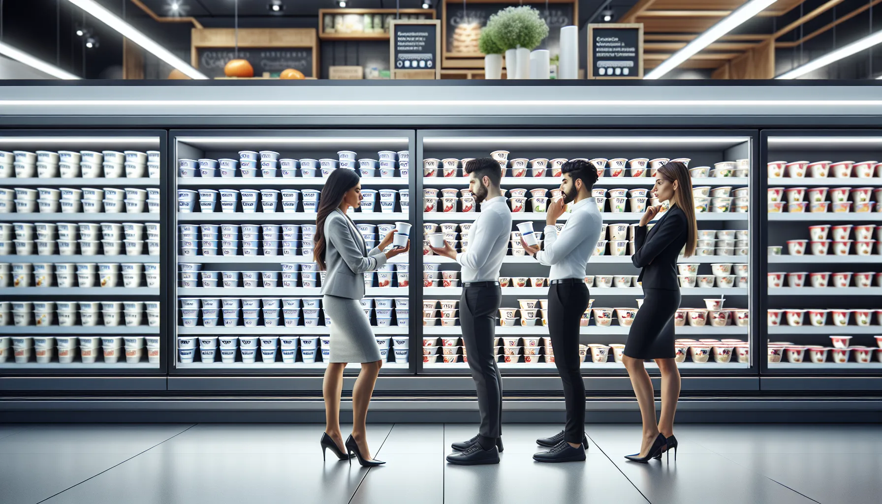 People comparing yogurt nutritional labels in a Croatian supermarket.