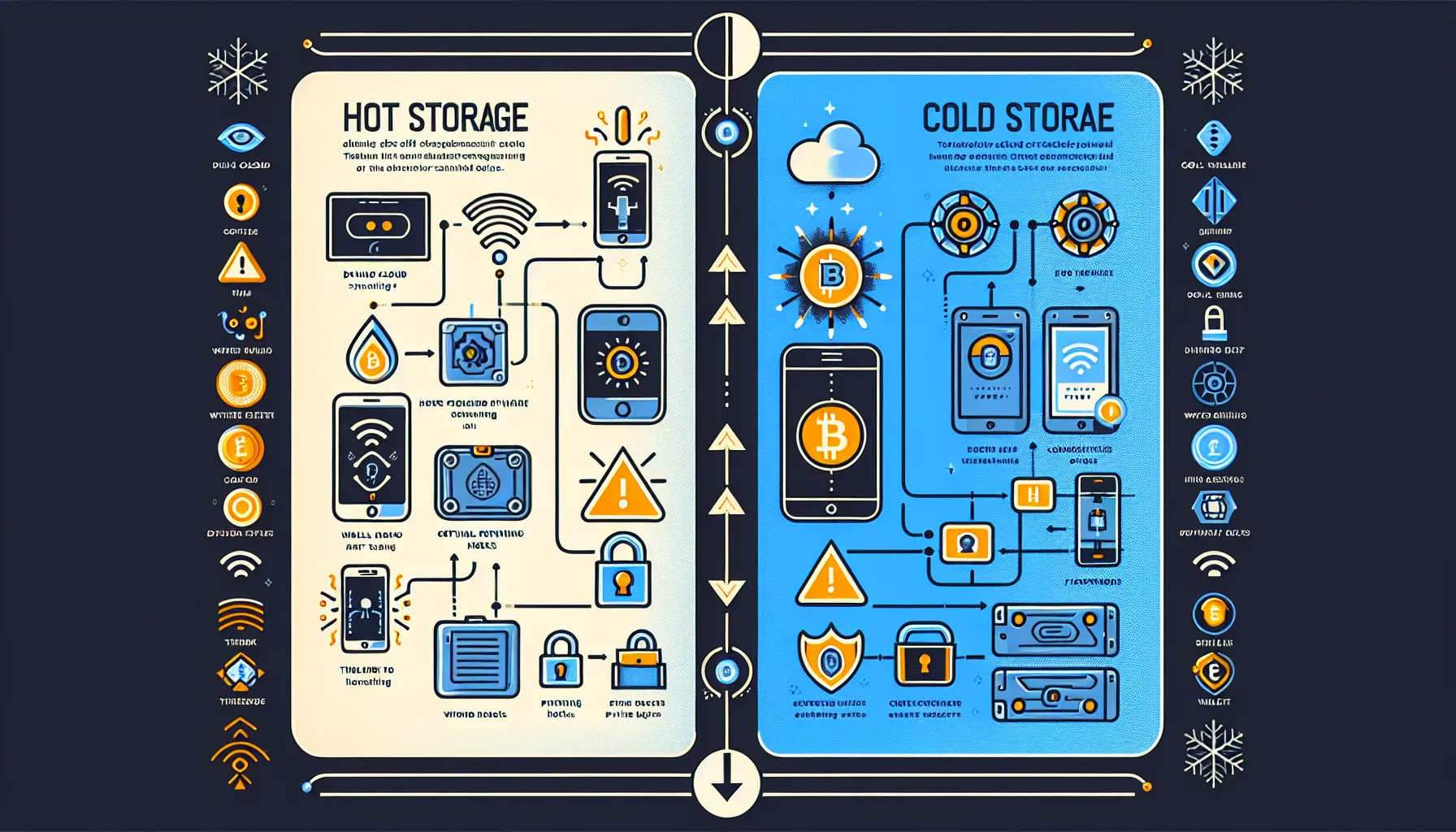 Comparison infographic of hot versus cold cryptocurrency storage security differences.